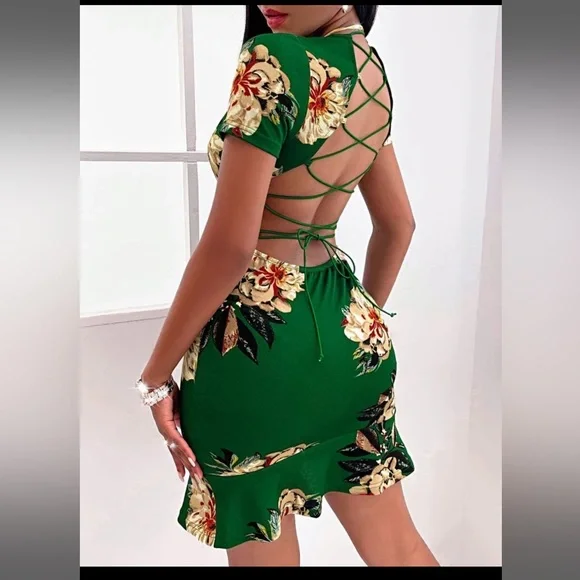 green emerald velvet dress Green V-neck Long Sleeve Lace Backless High and Low Hem Evening Dress   ModeShe
